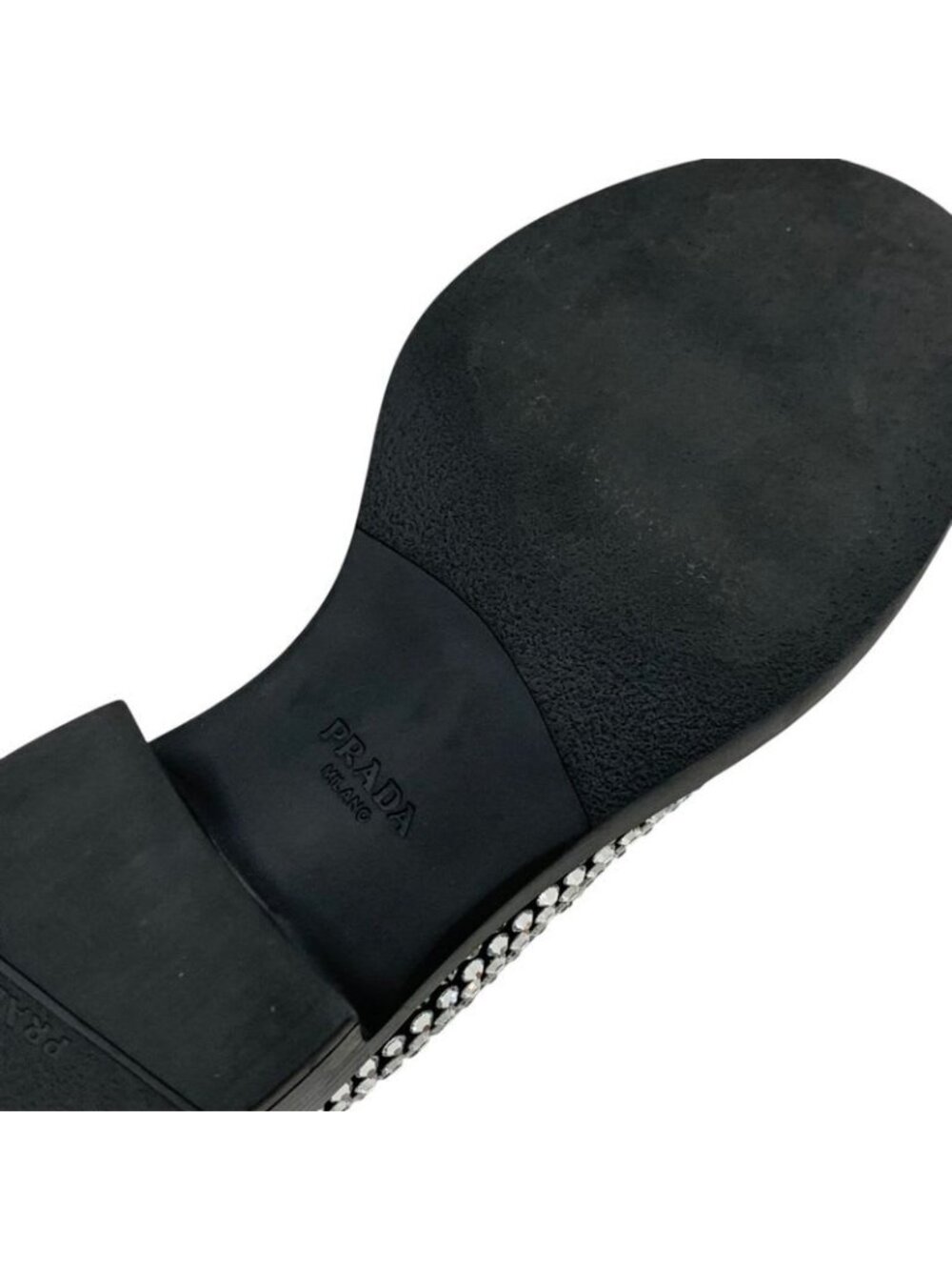 Prada Loafers Leather Shoes Satin Black Crystal Rhinestone Logo Plate - Picture 9 of 11